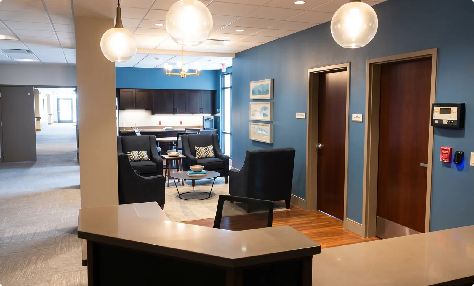 The welcome desk at Buena Vista, with pendant lighting