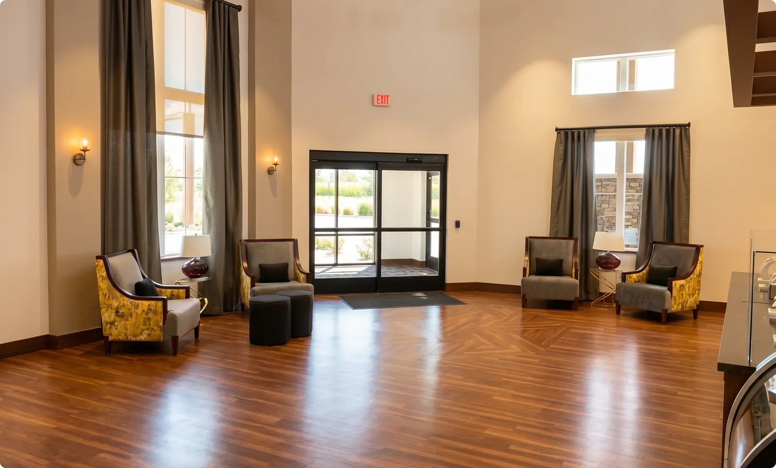 The entrance hall at Buena Vista, with a vaulted ceiling and lounge seating