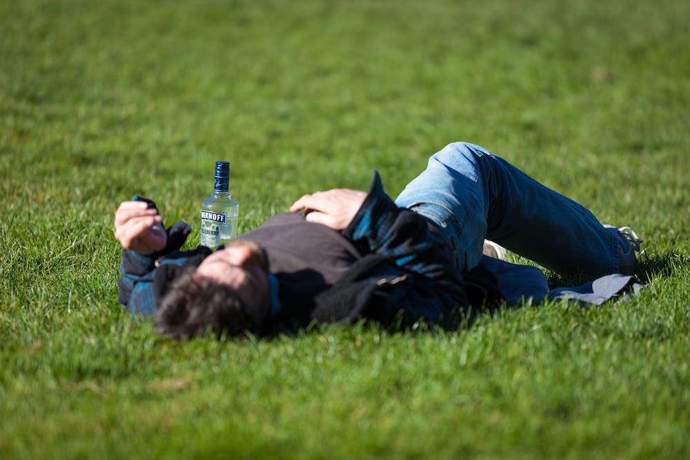 man laying on grass with bottle of alcohol