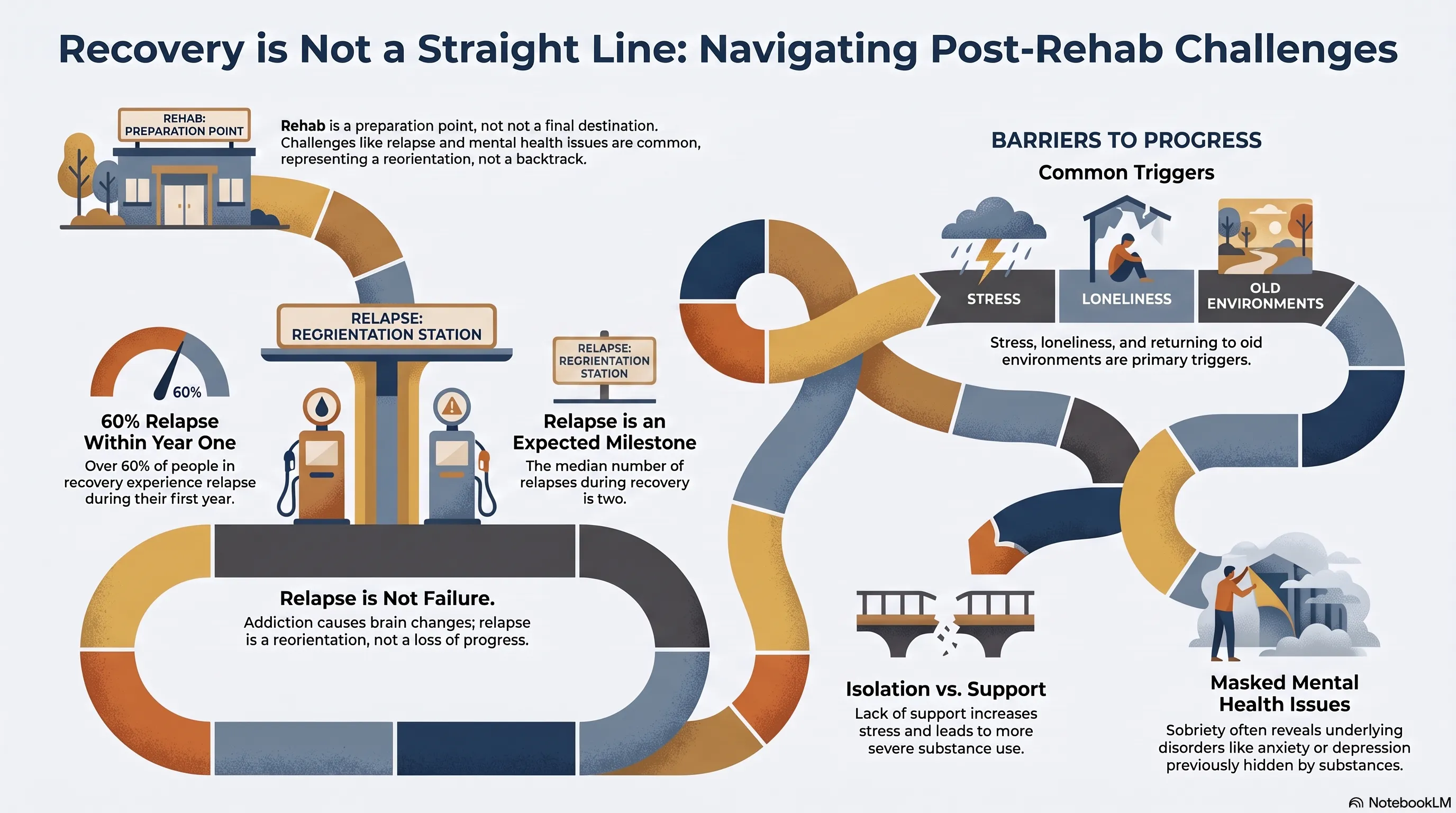 Infographic showing recovery as a winding road: rehab as a preparation point, 60% relapse within year one, median of two relapses, common triggers like stress and loneliness, isolation vs. support, and masked mental health issues.